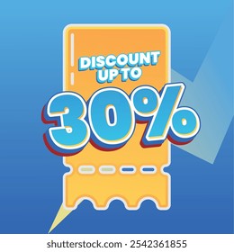 Colorful discount banner design featuring a 30% discount message in bold 3D text. Perfect for promotional events, sales, and special offers to attract customer attention.