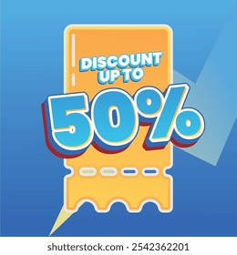 Colorful discount banner design featuring a 50% discount message in bold 3D text. Perfect for promotional events, sales, and special offers to attract customer attention.