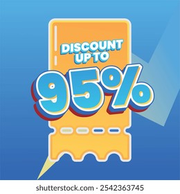 Colorful discount banner design featuring a 95% discount message in bold 3D text. Perfect for promotional events, sales, and special offers to attract customer attention.