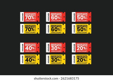Colorful Discount Coupon and Voucher Set for Promotions and Sales.
Editable Discount Coupon Voucher Set in Red and Yellow – Vector Template.
A modern and colorful collection of discount coupons.