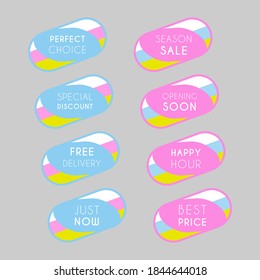 Colorful discount labels set. Timeless easy-to-read design to attract customers' attention. Suitable for web page ads, tags, discount offer price labels, badges, coupons, flyers etc.