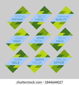 Colorful discount labels set. Timeless easy-to-read design to attract customers' attention. Suitable for web page ads, tags, discount offer price labels, badges, coupons, flyers etc.