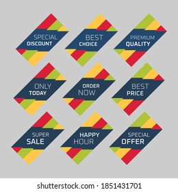 Colorful discount labels set. Timeless easy-to-read design to attract customers' attention. Suitable for web page ads, tags, discount offer price labels, badges, coupons, flyers etc.