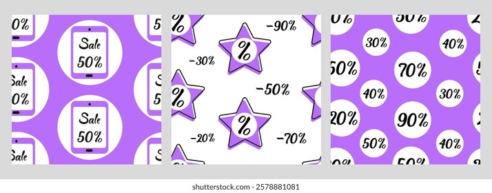 Colorful discount patterns featuring sales and percentages on vibrant backgrounds