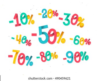 Colorful Discount Percentages, Fun  Childish Folded Paper Style Numbers For Sales Promotions And Discounts In Retail Industry