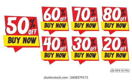 Colorful Discount Sale Tags Collection Featuring 20% to 80% Off Offers with 'Buy Now' Call to Action - Ideal Vector for Retail and Marketing Promotions