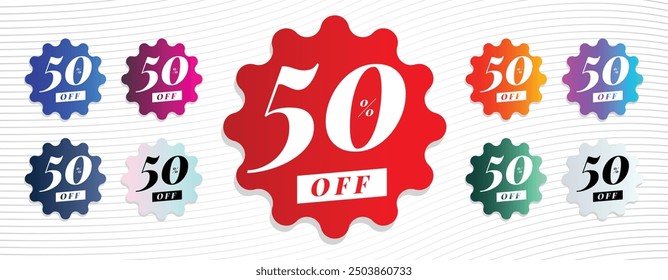 Colorful Discount Stickers for Eye Catching Appeal. 50 percent off Labels for flat sale in the shopping market