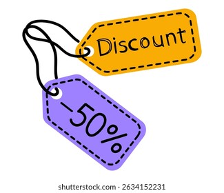 Colorful discount tags displaying a 50 percent markdown to attract shoppers and promote sales
