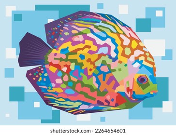 colorful discus fish in pop art style isolated on geometry background

