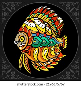 Colorful Discuss fish zentangle arts isolated on black background