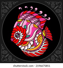 Colorful Discuss fish zentangle arts isolated on black background