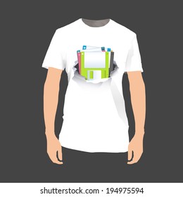 Colorful diskettes inside hole paper printed on shirt