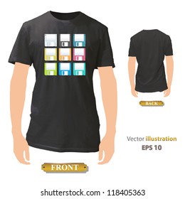 Colorful diskettes printed on black shirt. Vector design.