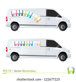 Colorful diskettes printed on realistic van isolated on white. Vector design.