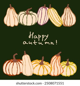 A colorful display of assorted pumpkins and gourds celebrating the autumn season with a cheerful greeting on a dark background