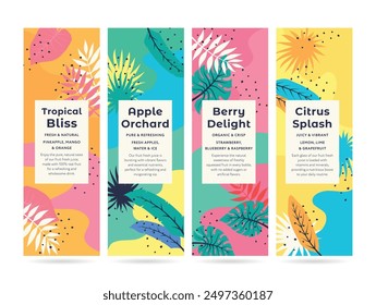 A colorful display of fresh fruit labels highlighting tropical blends, orchard specialties, and refreshing berry flavors in a lively design.