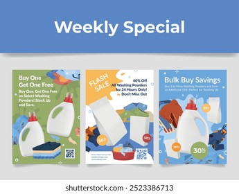 A colorful display of promotional flyers for washing powders features various offers, including buy one get one free and bulk buy savings with eye-catching graphics and discounts.