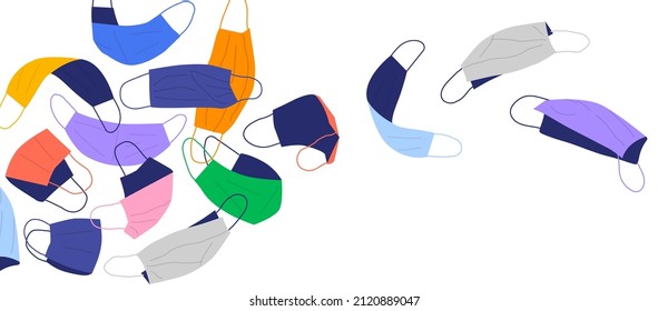 Colorful disposable face mask cartoon on isolated background. Modern coronavirus prevention masks flying in wind for medical health care or littering concept.