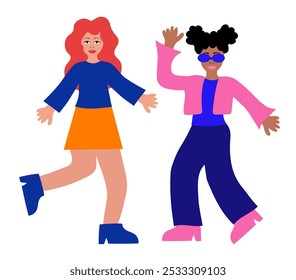 Colorful disproportionate Girls. Women characters in different pose. Vector flat illustration.