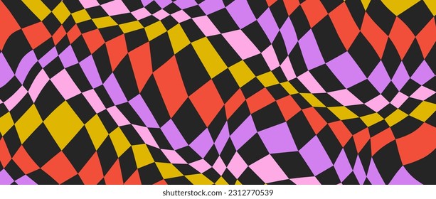 Colorful distorted checkerboard background. Purple red yellow pink psychedelic checkered wallpaper. Wavy groovy chessboard surface. Trippy twisted geometric pattern. Abstract retro vector backdrop