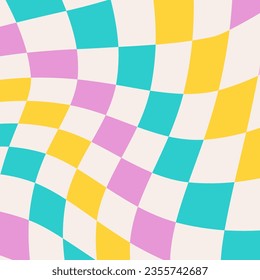 Colorful distorted checkerboard background. Retro psychedelic checkered wallpaper. Wavy groovy chessboard surface. Trippy twisted geometric pattern. Abstract vector backdrop
