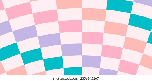 Colorful distorted checkerboard background. Retro psychedelic checkered wallpaper. Wavy groovy chessboard surface. Trippy twisted geometric pattern. Abstract vector backdrop
