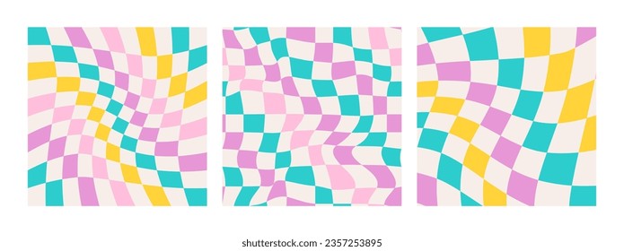 Colorful distorted checkerboard background. Retro psychedelic checkered wallpaper. Wavy groovy chessboard surface. Trippy twisted geometric pattern. Abstract vector backdrop