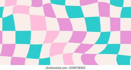 Colorful distorted checkerboard background. Retro psychedelic checkered wallpaper. Wavy groovy chessboard surface. Trippy twisted geometric pattern. Abstract vector backdrop