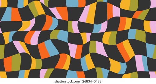 Farbige verzerrte Quadrate nahtloses Muster. Abstrakte Retro-Gitter abstrakte Design-Illustration. Optische Illusion Quadrat Formen bunten Textur. Überprüfte optische Wellenverzerrung, Hintergrund 