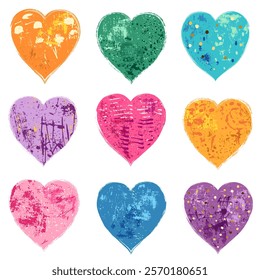 Colorful distressed vector heart shapes with rustic jagged edges, smudges, and stains in hand drawn grunge paint brush style for Valentine's, wedding cards