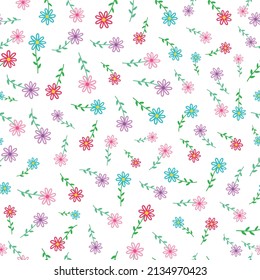 Colorful ditsy flowers seamless pattern, white background