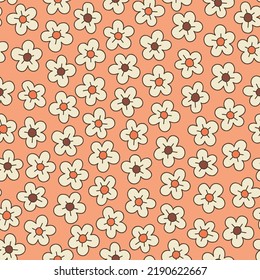 Colorful Ditsy Hand-Drawn Floral Vector Seamless Pattern. Retro 70s Style Nostalgic Daisies. Fashion Textile Bold Background. Summer Resort Print. Flower Power