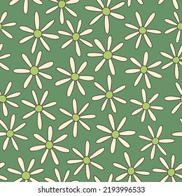 Colorful Ditsy Hand-Drawn Floral Vector Seamless Pattern. Retro 70s Style Nostalgic Daisies. Fashion Textile Bold Background. Summer Resort Print. Flower Power