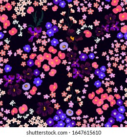 Colorful ditsy pattern. Botanical seamless print with different floral elements. Vintage textile collection. Template for dresses, scarves, shirts.