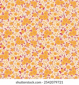 Colorido ditsy padrão sem emenda. Papel de parede floral vetorial com flores e folhas. Fundo botânico suave. Impressão de tecido, papel, roupas infantis e acessórios
