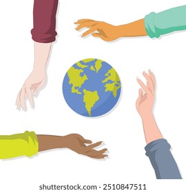 Colorful diverse arms protecting nature globe earth signifying group teamwork vector illustration isolated on white background