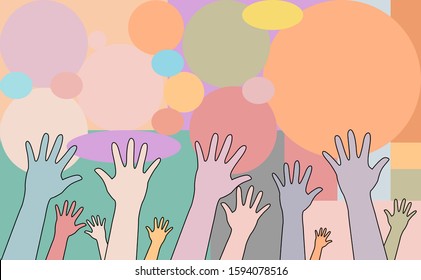 Colorful diverse hands raised vector illustration