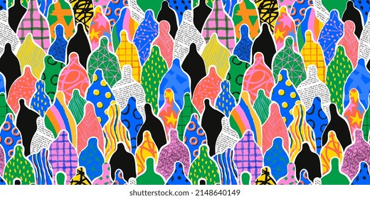 Colorful Diverse People Crowd Abstract Art Seamless Pattern. Multi-ethnic Community, Big Cultural Diversity Group Background Illustration In Modern Collage Painting Style.