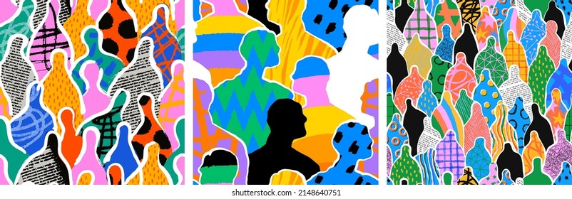 Colorful diverse people crowd abstract art seamless pattern set. Multi-ethnic community, big cultural diversity group background illustration collection in modern collage painting style.