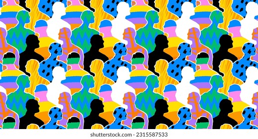 Colorful diverse people crowd abstract art seamless pattern. Multi-ethnic community, big cultural diversity group background illustration in modern collage painting style.