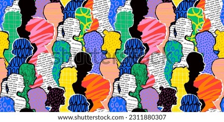Colorful diverse people crowd abstract art seamless pattern. Multi-ethnic community, big cultural diversity group background illustration in modern collage painting style.