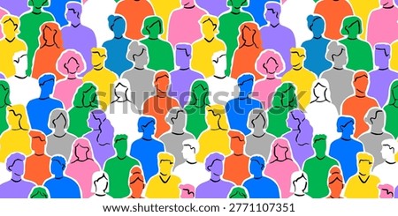 Colorful diverse people crowd abstract art seamless pattern. Multi-ethnic community, big cultural diversity group background illustration in modern collage painting style.