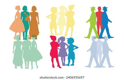 Colorful diverse people crowd. Diverse people group. Flat design vector illustration. A colorful illustration of diverse silhouetted people in profile