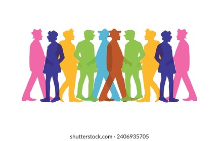 Coloridas y diversas personas se apiñan. Diversos grupos de personas. Ilustración vectorial de diseño plano. Una colorida ilustración de personas con siluetas diversas en perfil