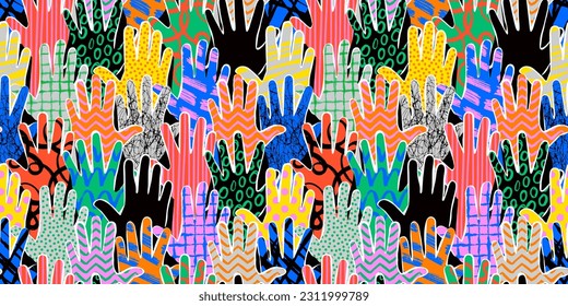 Colorful diverse people hand abstract art seamless pattern. Multi-ethnic community raised hands, cultural diversity group crowd background illustration in modern collage painting style with arms up.