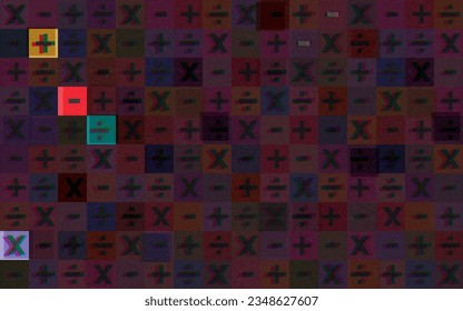 Colorful divide, plus, minus and multiply sign  overlap transparent on dark purple background with riso print effect vector illustration.