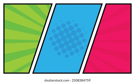 Fondo de cómic dividido colorido en estilo de arte pop. Plantilla vacía con rayos y puntos. Ilustración vectorial