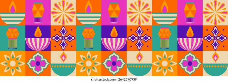 Colorful Diwali pattern with geometric tiles - vibrant lantern shapes, flowers, flames and traditional motifs in colorful squares. Indian festival decorative mosaic design for celebration background.