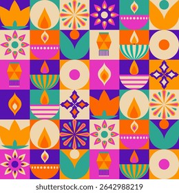 Colorful Diwali pattern with geometric tiles - vibrant lantern shapes, flowers, flames and traditional motifs in colorful squares. Indian festival decorative mosaic design for celebration background.