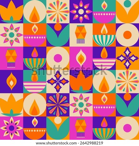 Colorful Diwali pattern with geometric tiles - vibrant lantern shapes, flowers, flames and traditional motifs in colorful squares. Indian festival decorative mosaic design for celebration background.